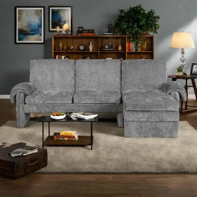94.1 Canapé Futon d'Angle en Chenille avec Dossier Réglable et Chaise Longue Réversible