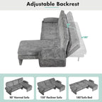 94.1 Canapé Futon d'Angle en Chenille avec Dossier Réglable et Chaise Longue Réversible