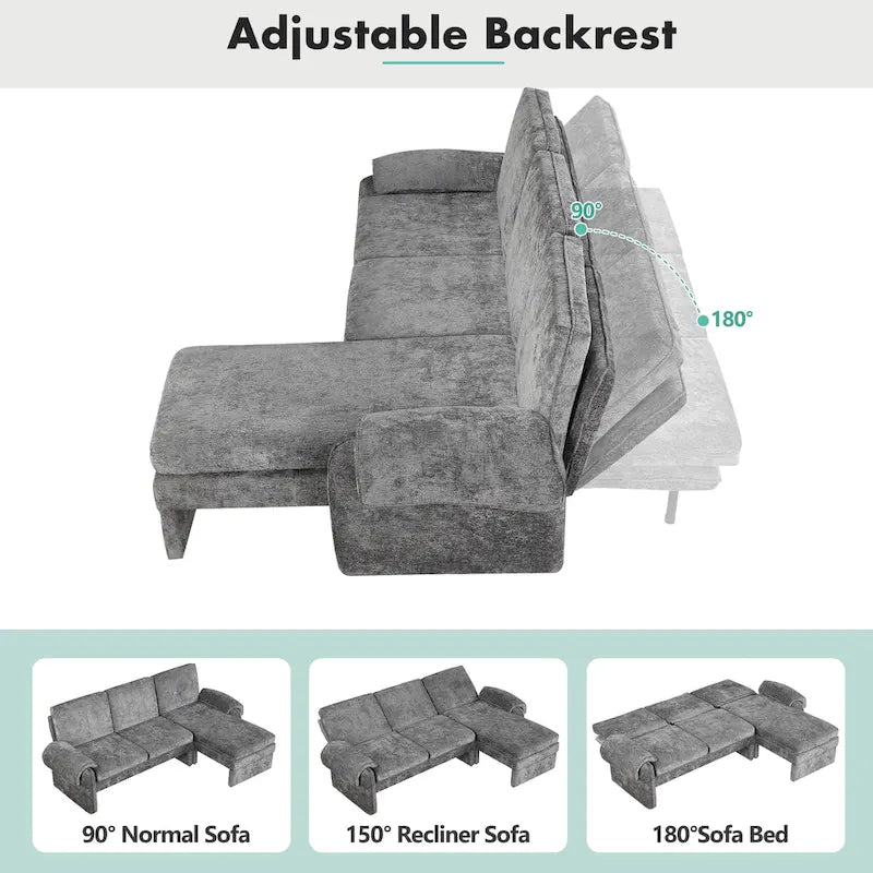 94.1 Canapé Futon d'Angle en Chenille avec Dossier Réglable et Chaise Longue Réversible