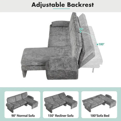 94.1 Canapé Futon d'Angle en Chenille avec Dossier Réglable et Chaise Longue Réversible