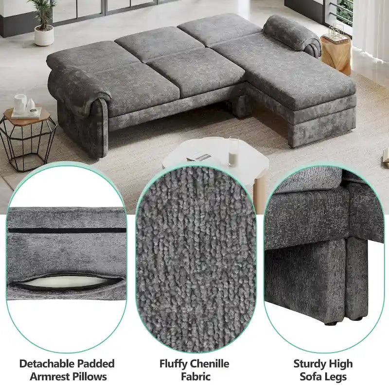 94.1 Canapé Futon d'Angle en Chenille avec Dossier Réglable et Chaise Longue Réversible