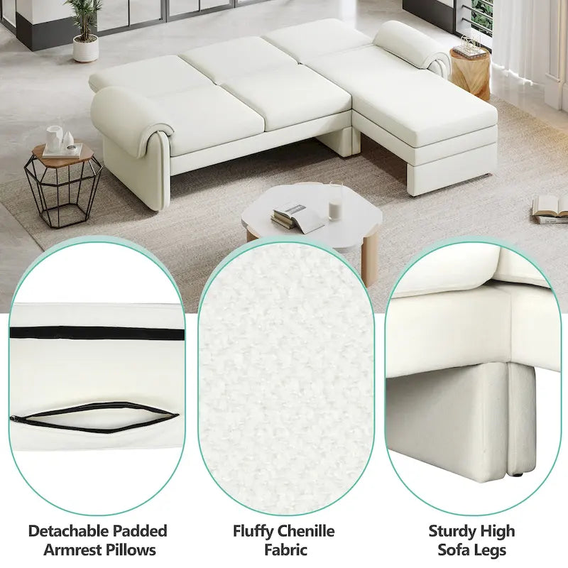 94.1 Canapé Futon d'Angle en Chenille avec Dossier Réglable et Chaise Longue Réversible