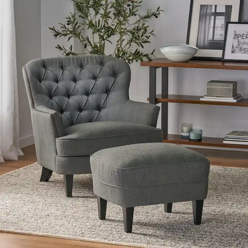 Fauteuil club capitonné moderne de 32,5 po avec pouf et clous décoratifs pour salon