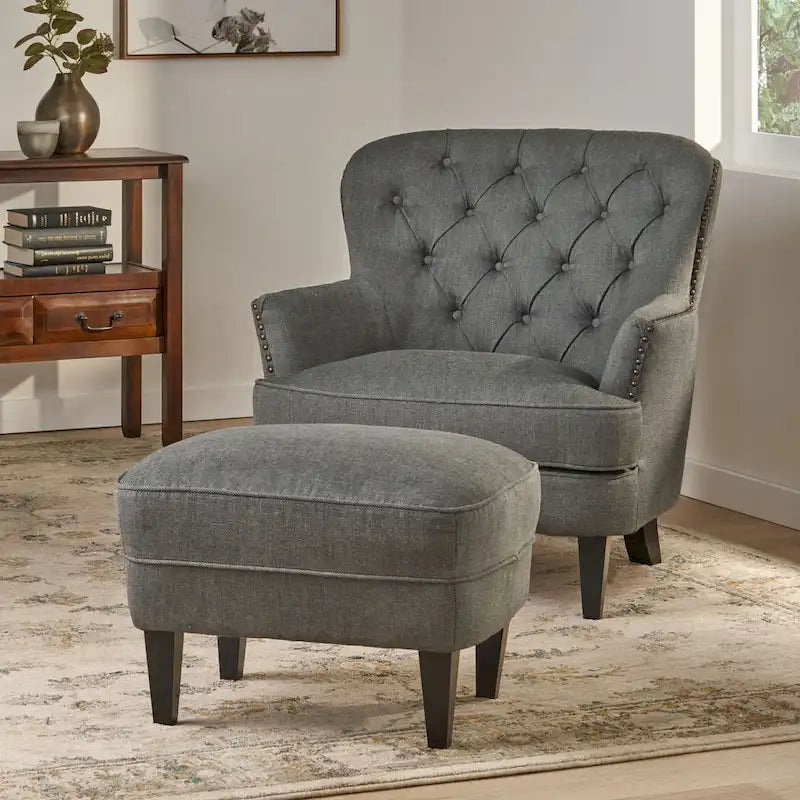 Fauteuil club capitonné moderne de 32,5 po avec pouf et clous décoratifs pour salon