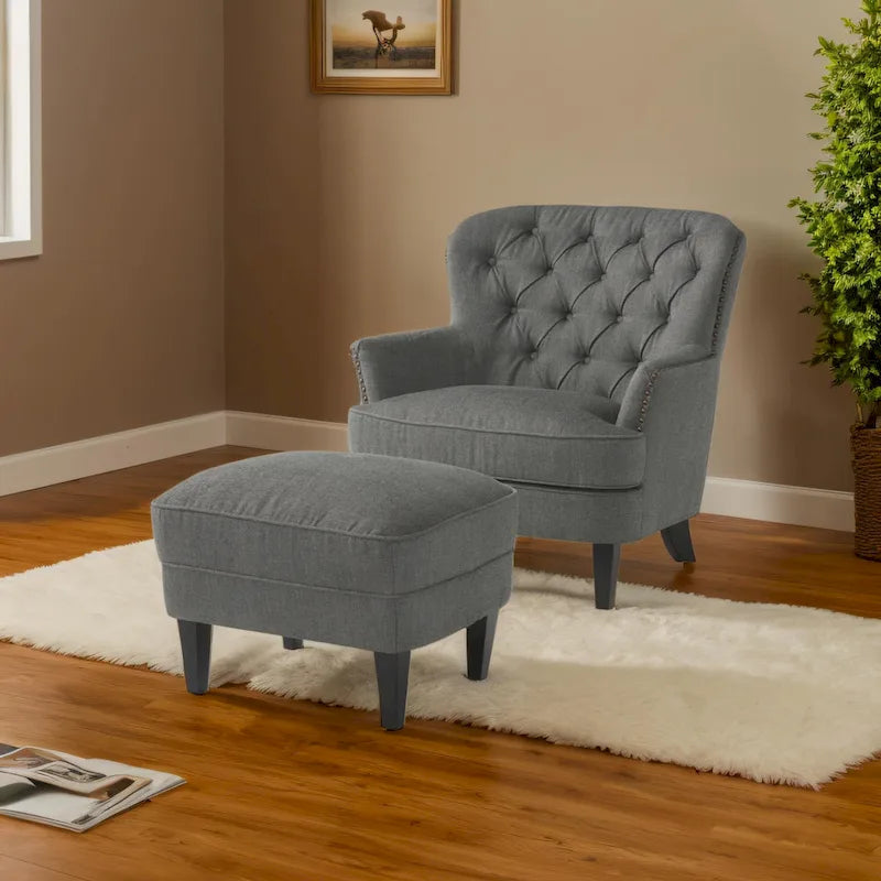 Fauteuil club capitonné moderne de 32,5 po avec pouf et clous décoratifs pour salon
