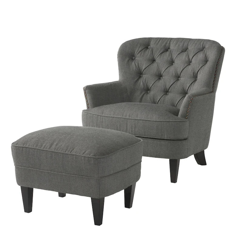 Fauteuil club capitonné moderne de 32,5 po avec pouf et clous décoratifs pour salon