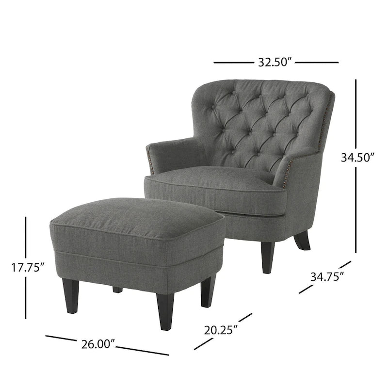 Fauteuil club capitonné moderne de 32,5 po avec pouf et clous décoratifs pour salon