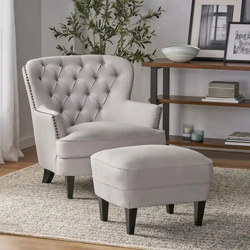 Fauteuil club capitonné moderne de 32,5 po avec pouf et clous décoratifs pour salon