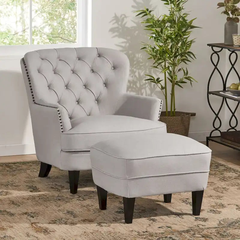 Fauteuil club capitonné moderne de 32,5 po avec pouf et clous décoratifs pour salon