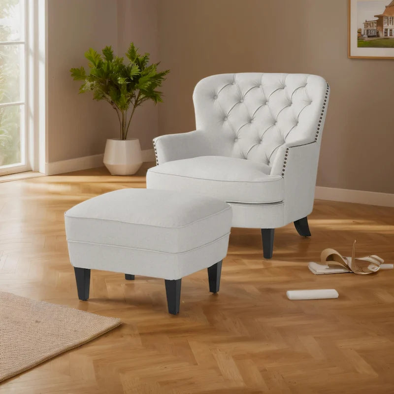 Fauteuil club capitonné moderne de 32,5 po avec pouf et clous décoratifs pour salon