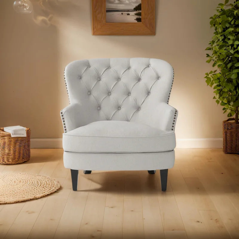 Fauteuil club capitonné moderne de 32,5 po avec pouf et clous décoratifs pour salon