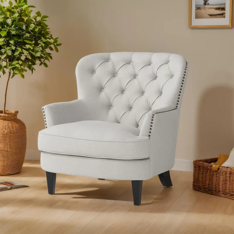 Fauteuil club capitonné moderne de 32,5 po avec pouf et clous décoratifs pour salon