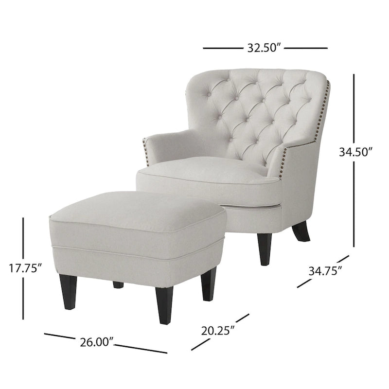 Fauteuil club capitonné moderne de 32,5 po avec pouf et clous décoratifs pour salon
