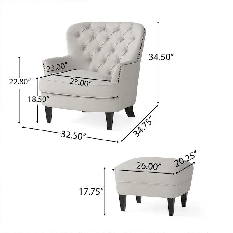Fauteuil club capitonné moderne de 32,5 po avec pouf et clous décoratifs pour salon