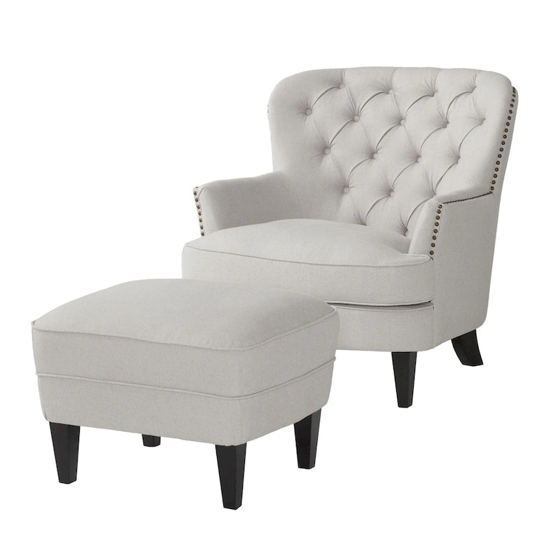 Fauteuil club capitonné moderne de 32,5 po avec pouf et clous décoratifs pour salon
