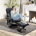 Fauteuil inclinable manuel pivotant à 360° en similicuir noir avec pouf, 10 points de massage vibrants, poche latérale