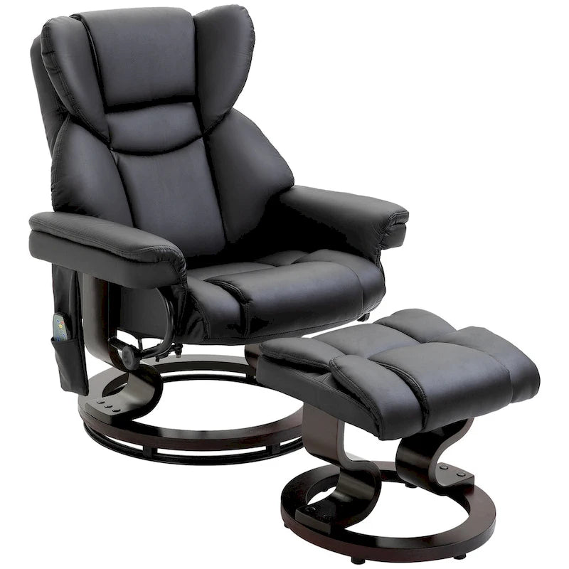 Fauteuil inclinable manuel pivotant à 360° en similicuir noir avec pouf, 10 points de massage vibrants, poche latérale