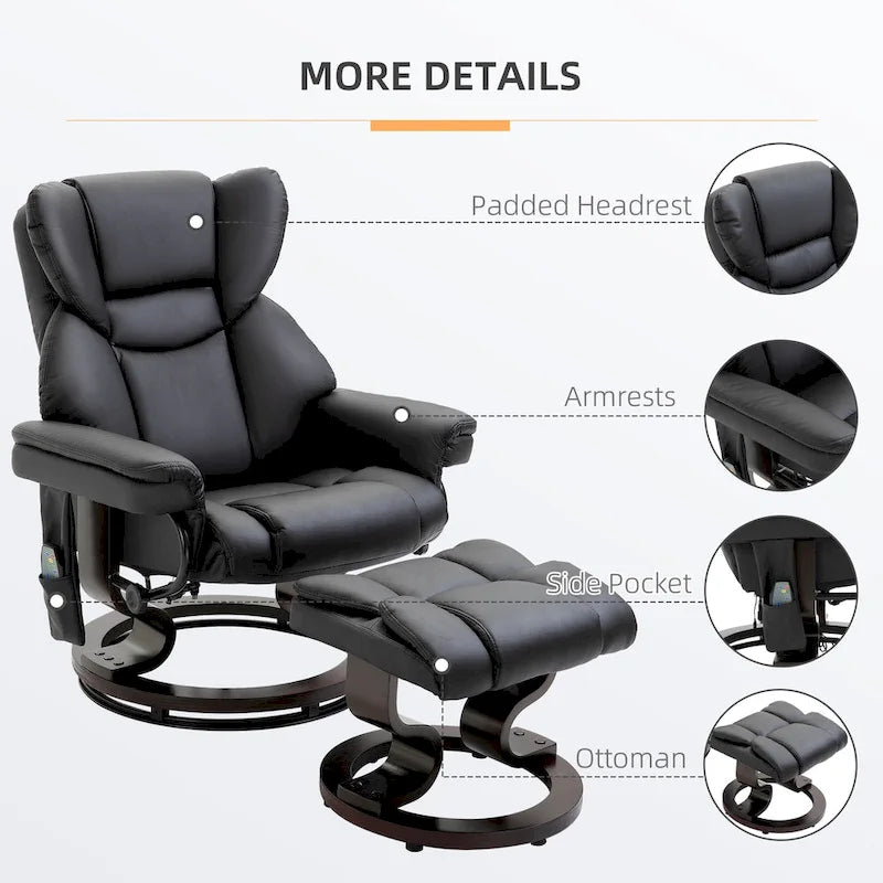 Fauteuil inclinable manuel pivotant à 360° en similicuir noir avec pouf, 10 points de massage vibrants, poche latérale