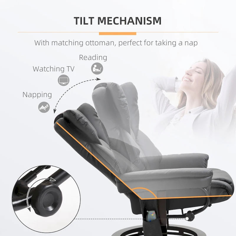 Fauteuil inclinable manuel pivotant à 360° en similicuir noir avec pouf, 10 points de massage vibrants, poche latérale