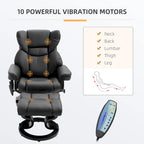 Fauteuil inclinable manuel pivotant à 360° en similicuir noir avec pouf, 10 points de massage vibrants, poche latérale