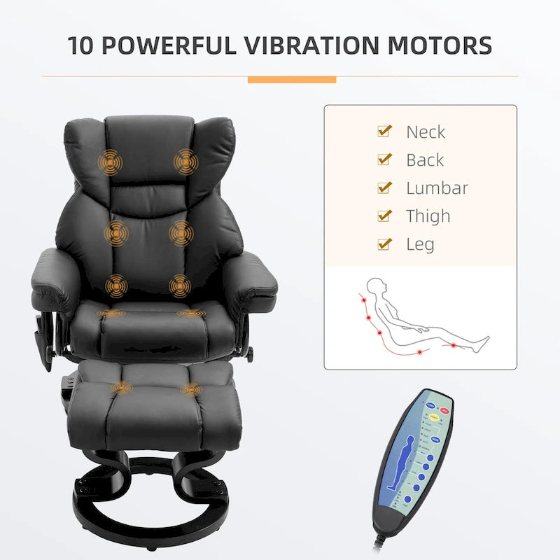 Fauteuil inclinable manuel pivotant à 360° en similicuir noir avec pouf, 10 points de massage vibrants, poche latérale