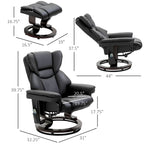 Fauteuil inclinable manuel pivotant à 360° en similicuir noir avec pouf, 10 points de massage vibrants, poche latérale