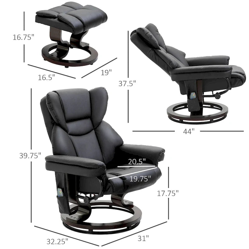 Fauteuil inclinable manuel pivotant à 360° en similicuir noir avec pouf, 10 points de massage vibrants, poche latérale