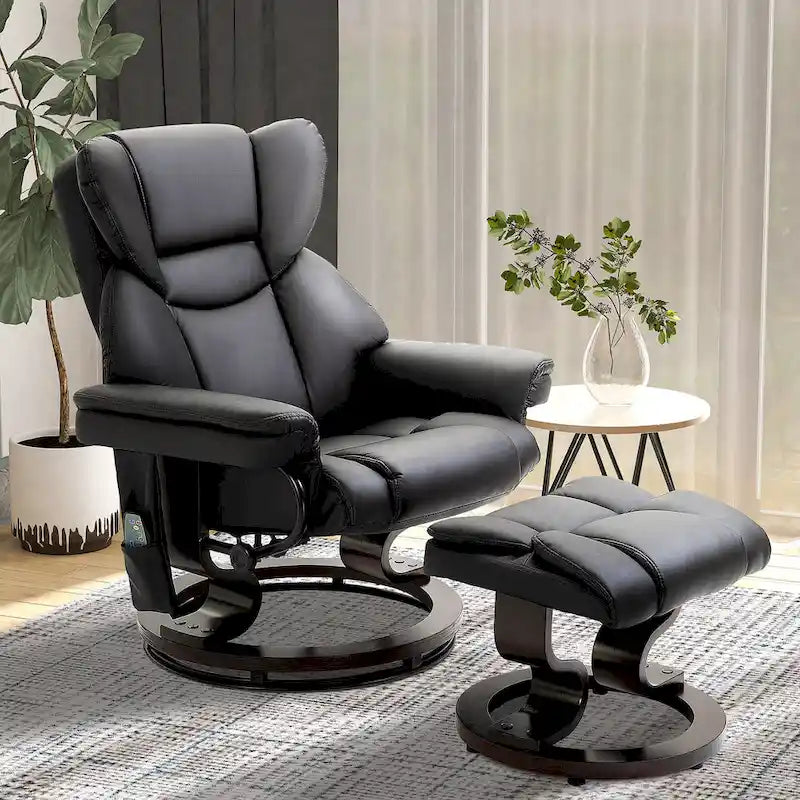 Fauteuil inclinable manuel pivotant à 360° en similicuir noir avec pouf, 10 points de massage vibrants, poche latérale