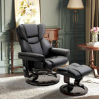 Fauteuil inclinable manuel pivotant à 360° en similicuir noir avec pouf, 10 points de massage vibrants, poche latérale