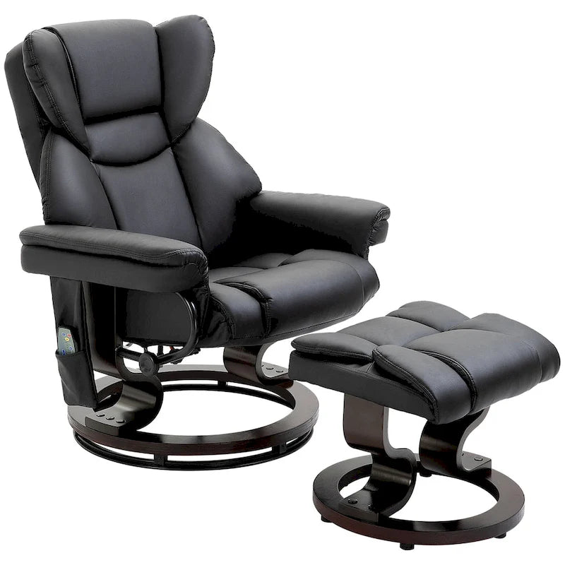 Fauteuil inclinable manuel pivotant à 360° en similicuir noir avec pouf, 10 points de massage vibrants, poche latérale