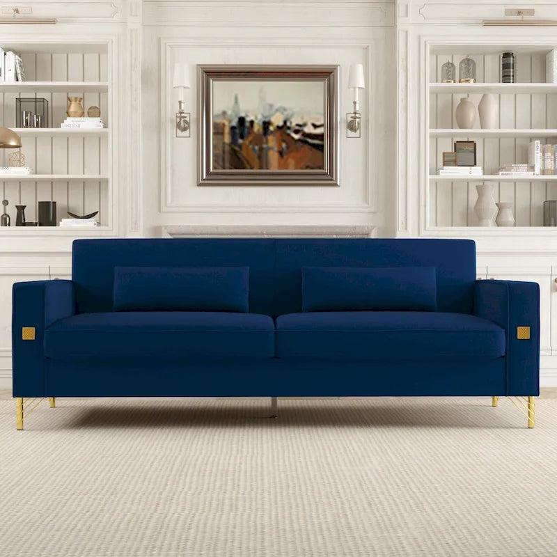 Canapé 3 places moderne 85.63 en velours avec accents dorés et coussins moelleux pour salon