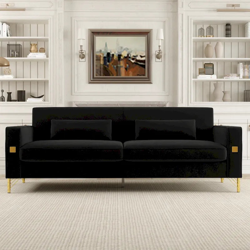 Canapé 3 places moderne 85.63 en velours avec accents dorés et coussins moelleux pour salon