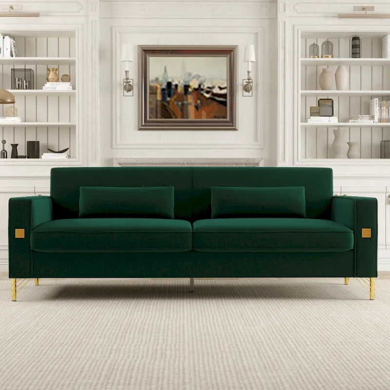 Canapé 3 places moderne 85.63 en velours avec accents dorés et coussins moelleux pour salon