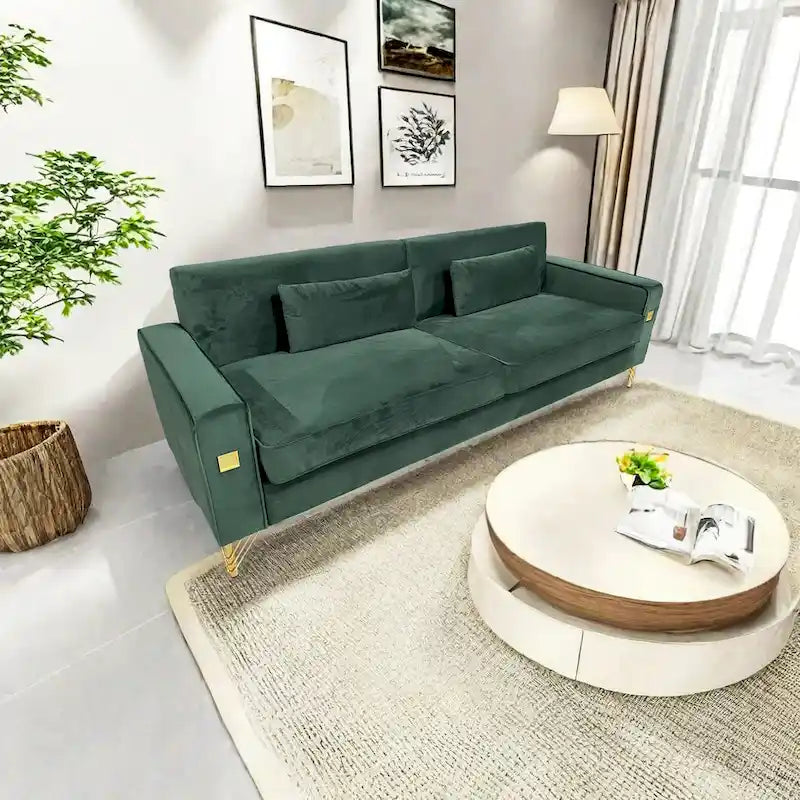 Canapé 3 places moderne 85.63 en velours avec accents dorés et coussins moelleux pour salon