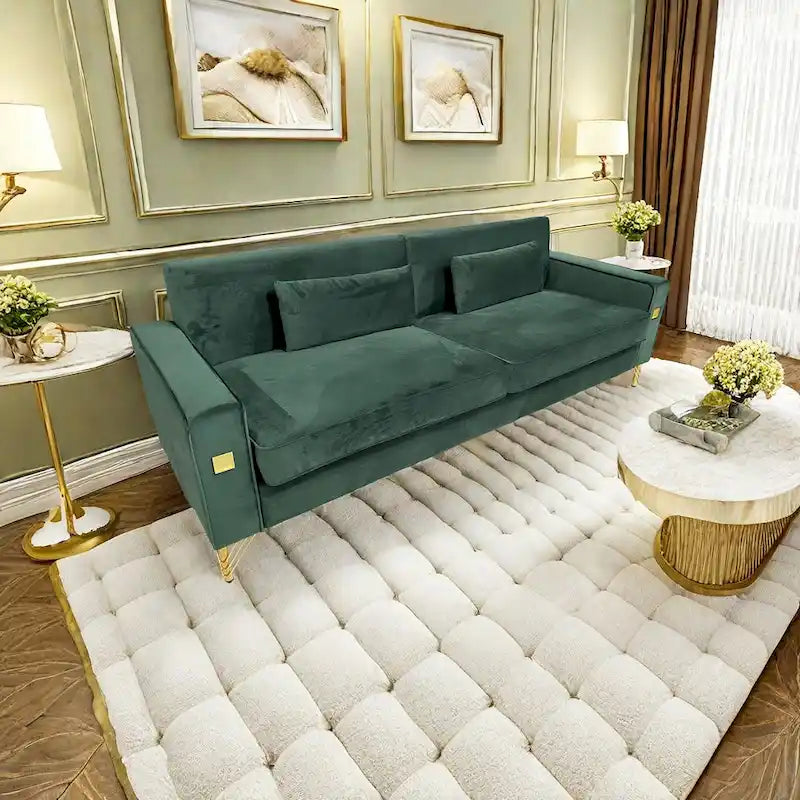 Canapé 3 places moderne 85.63 en velours avec accents dorés et coussins moelleux pour salon