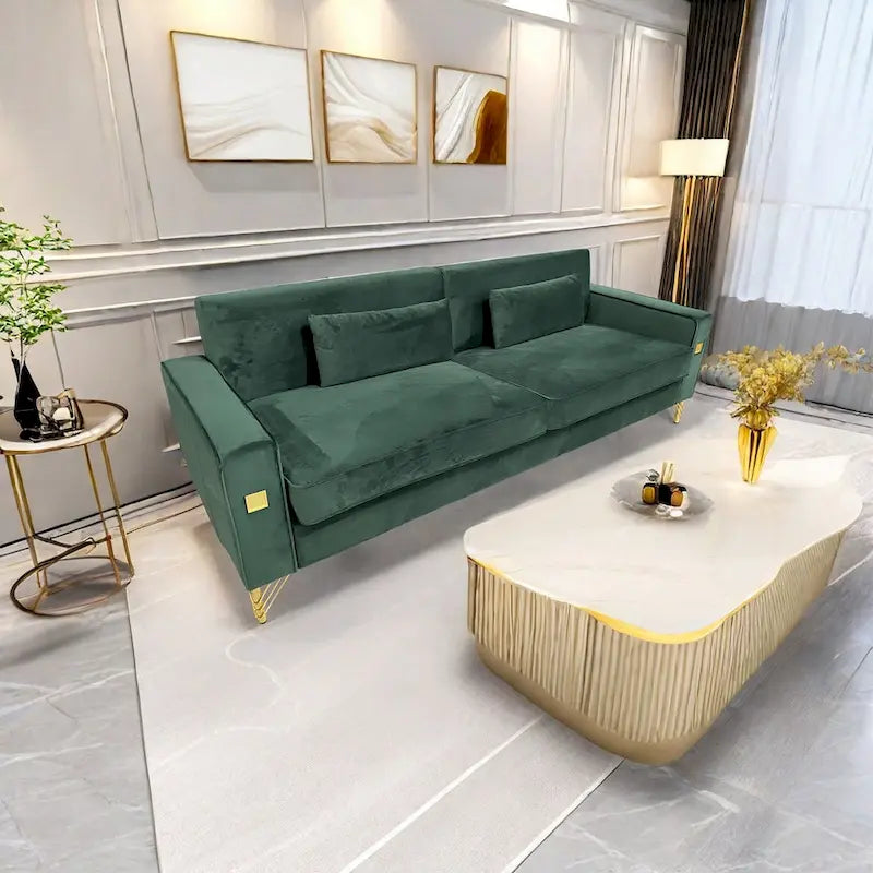 Canapé 3 places moderne 85.63 en velours avec accents dorés et coussins moelleux pour salon