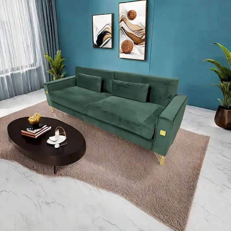 Canapé 3 places moderne 85.63 en velours avec accents dorés et coussins moelleux pour salon