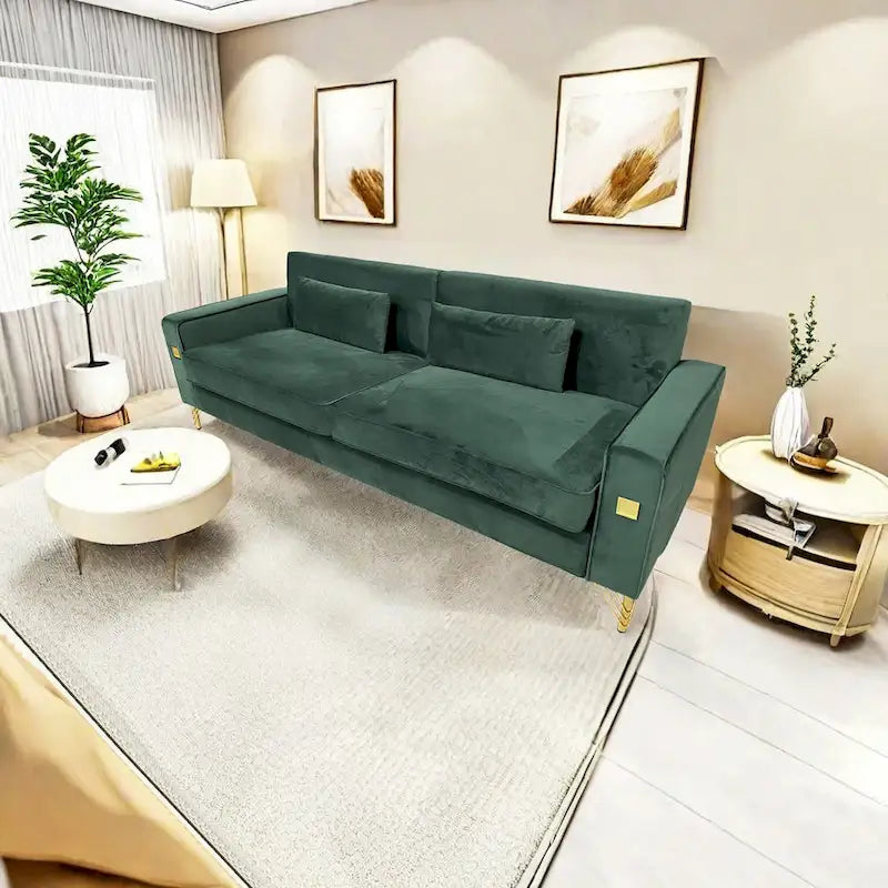 Canapé 3 places moderne 85.63 en velours avec accents dorés et coussins moelleux pour salon
