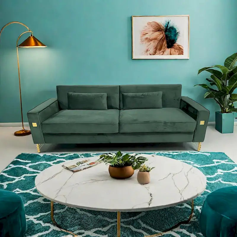 Canapé 3 places moderne 85.63 en velours avec accents dorés et coussins moelleux pour salon
