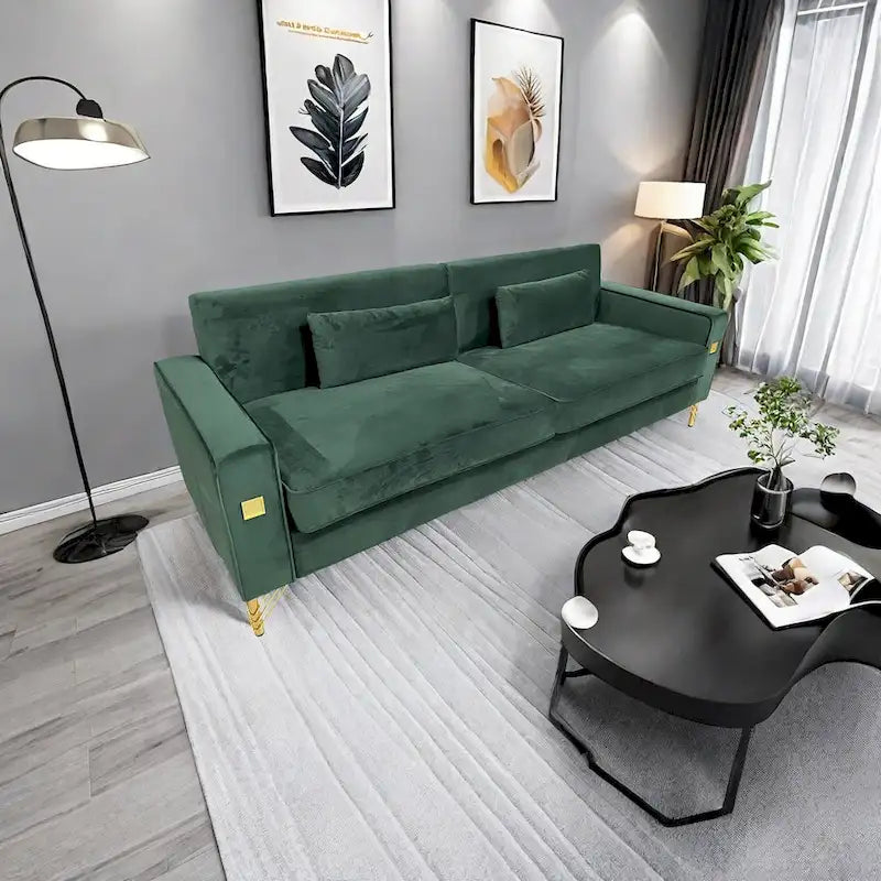 Canapé 3 places moderne 85.63 en velours avec accents dorés et coussins moelleux pour salon