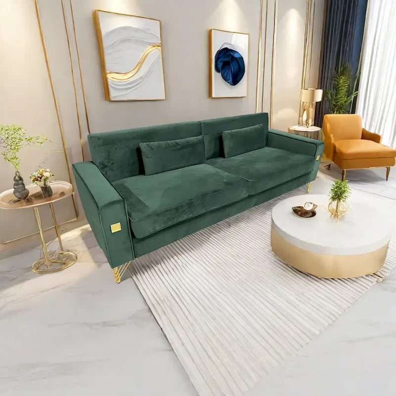 Canapé 3 places moderne 85.63 en velours avec accents dorés et coussins moelleux pour salon