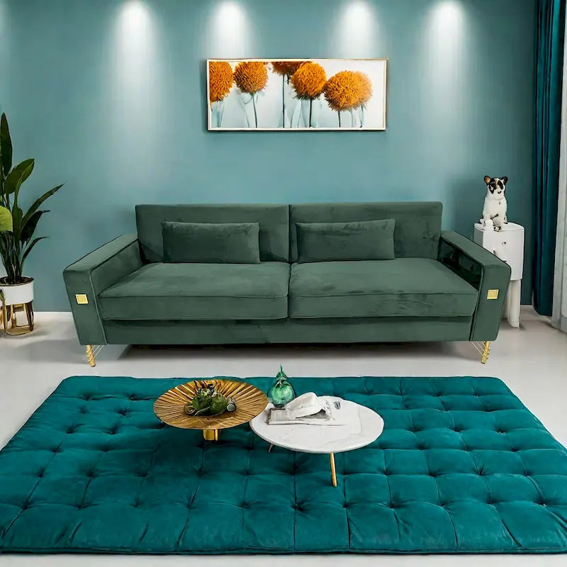 Canapé 3 places moderne 85.63 en velours avec accents dorés et coussins moelleux pour salon