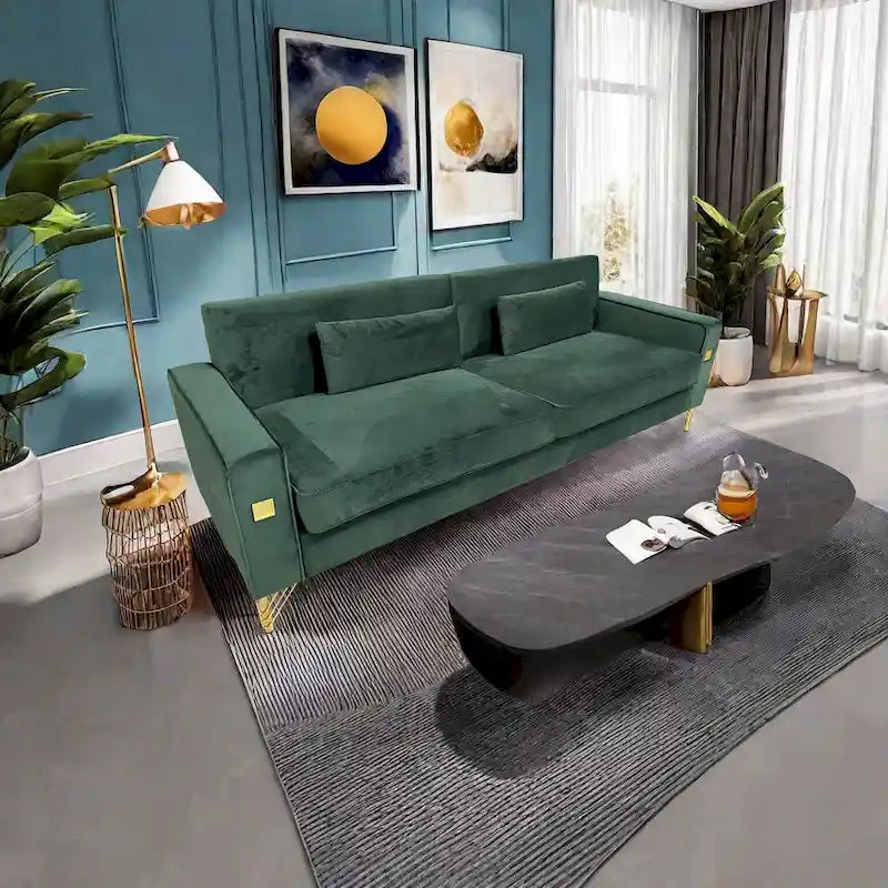 Canapé 3 places moderne 85.63 en velours avec accents dorés et coussins moelleux pour salon