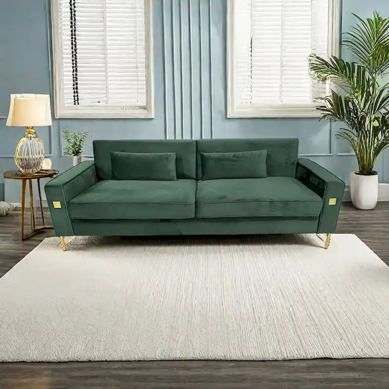 Canapé 3 places moderne 85.63 en velours avec accents dorés et coussins moelleux pour salon