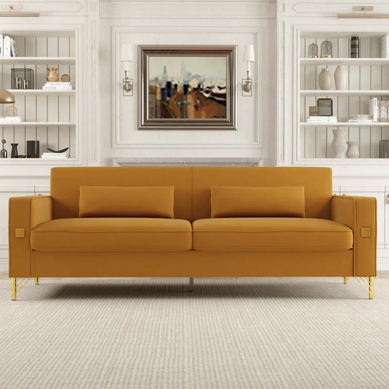 Canapé 3 places moderne 85.63 en velours avec accents dorés et coussins moelleux pour salon