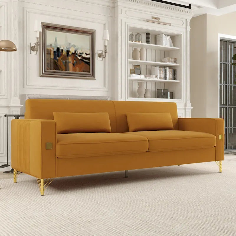 Canapé 3 places moderne 85.63 en velours avec accents dorés et coussins moelleux pour salon
