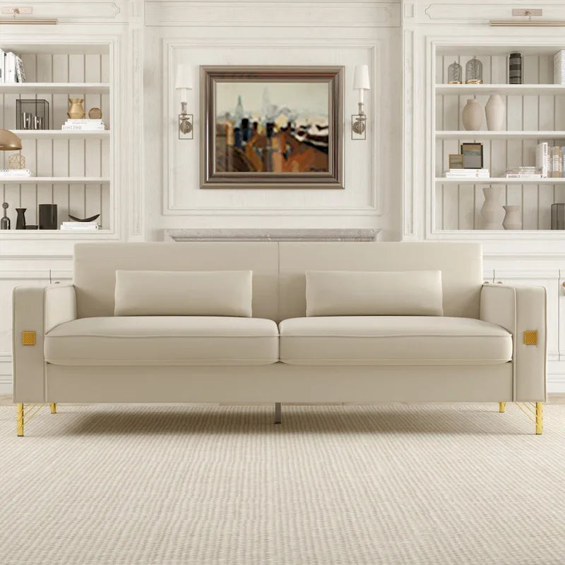 Canapé 3 places moderne 85.63 en velours avec accents dorés et coussins moelleux pour salon