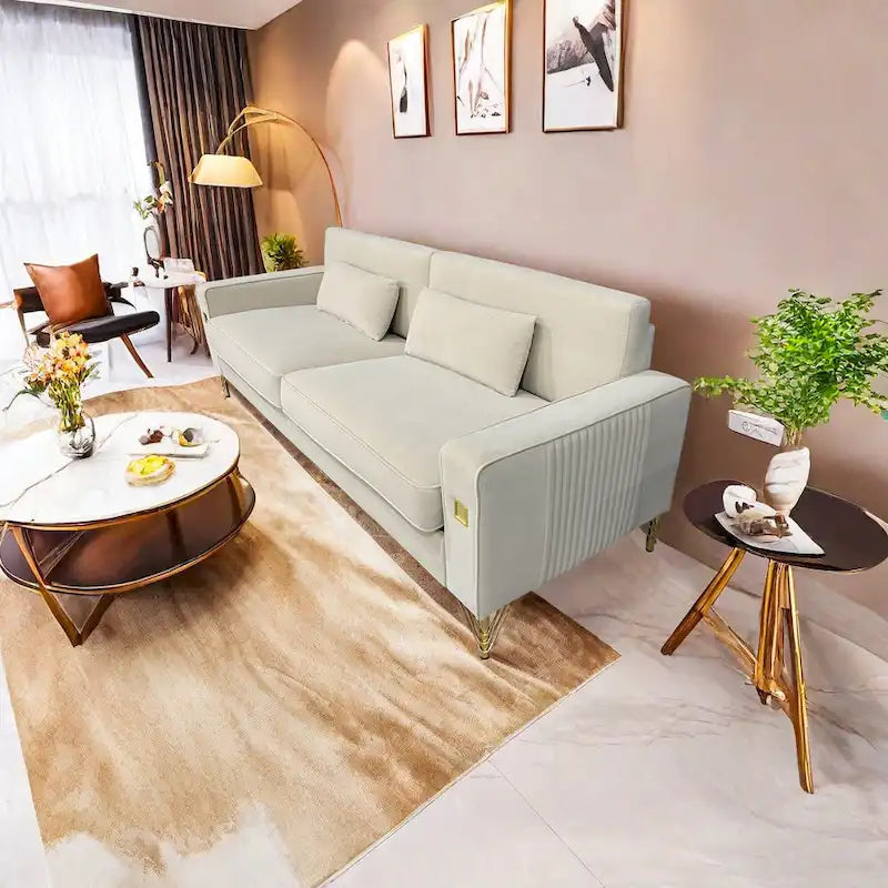 Canapé 3 places moderne 85.63 en velours avec accents dorés et coussins moelleux pour salon