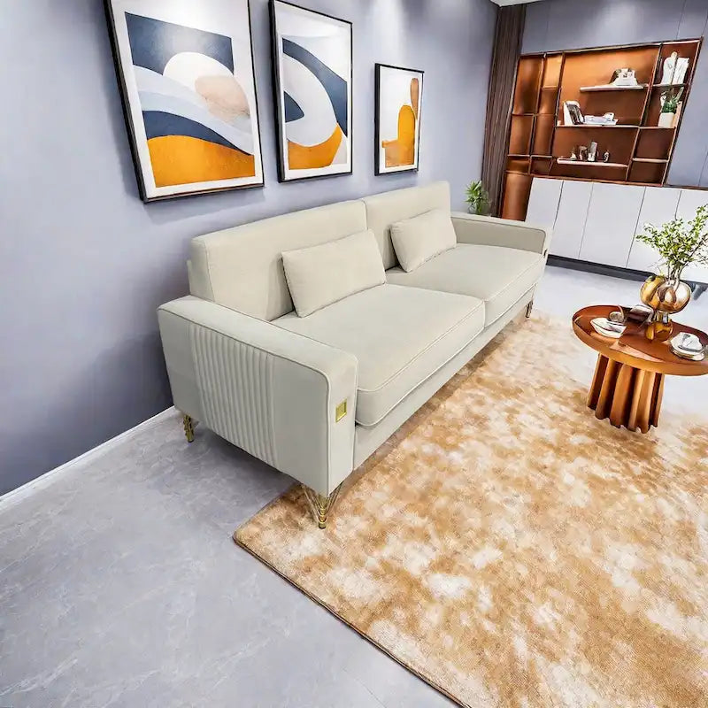 Canapé 3 places moderne 85.63 en velours avec accents dorés et coussins moelleux pour salon