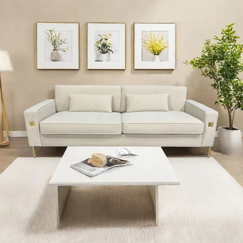 Canapé 3 places moderne 85.63 en velours avec accents dorés et coussins moelleux pour salon